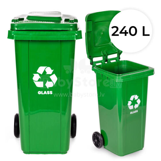 240L large wheelie bin with rubber wheels – green for glass waste