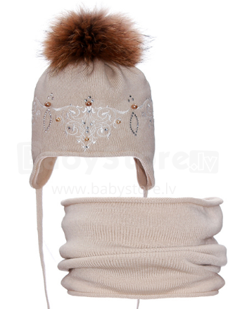 Nikola Handmade Art.17Z05K Bērnu ziemas vilnas cepure ar pomponu  + šalle (46-48 izm.)
