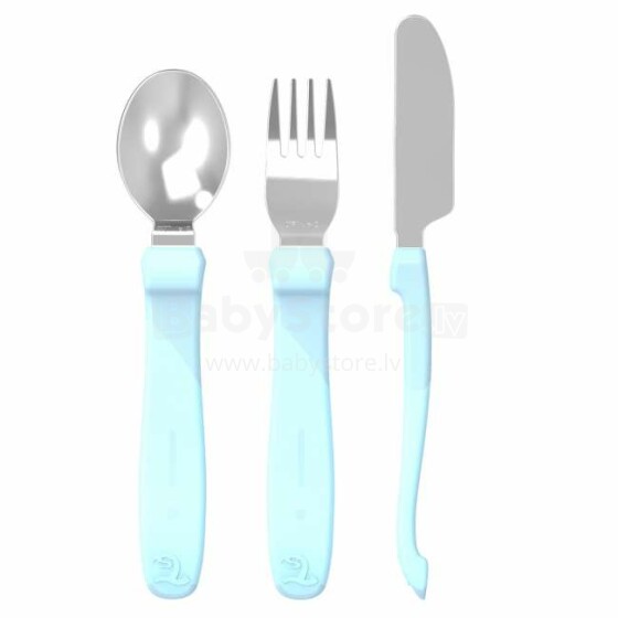 Twistshake Learn Cutlery Art.78210 Pastel Blue  Galda piederumu komplekts karote, dakšiņa un nazis
