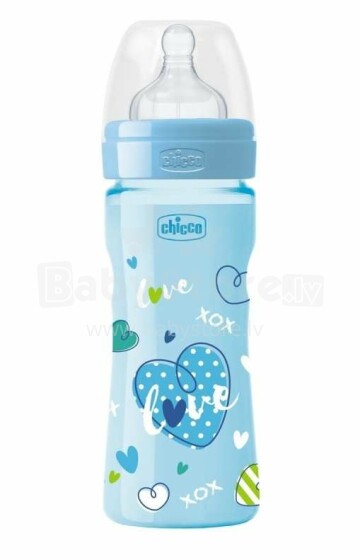 Chicco Love Edition WellBeing Art.09562.00 Mėlynas vaikų plastikinis fiziologinis buteliukas su silikonine čiulptuku, 250ml