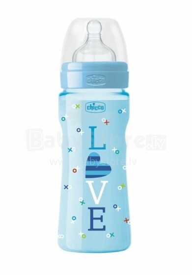 Chicco Love Edition WellBeing Art.09563.00 Mėlynas vaikų plastikinis fiziologinis buteliukas su silikonine čiulptuku, 330ml