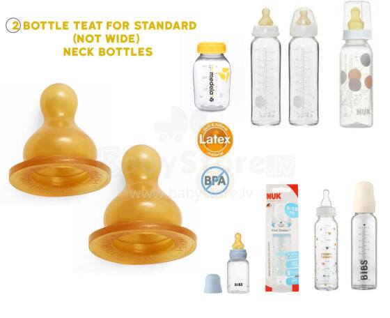 Hevea Bottle Nipple Knupītis no 100% naturāla (dabas) kaučuka no 3-24 mēn. (2 gab) Saderīgs ar standarta pudelītēm (Medela, NUK, Bibs, Canpol)