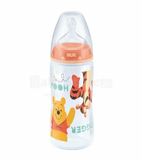 Nuk First Choice Disney Winnie Orange Art.SD43 Plastmasas pudele ar platu kakliņu un 1.izmēra silikona knupīti piena maisījumam (0-6 mēn.) 300 ml