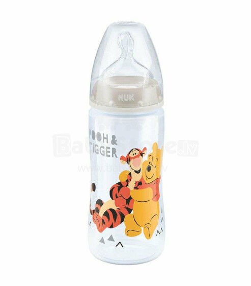 Nuk First Choice Disney Winnie White Art.SD43 Plastmasas pudele ar platu kakliņu un 1.izmēra silikona knupīti piena maisījumam (0-6 mēn.) 300 ml