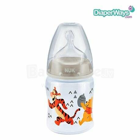 „Nuk First Choice Disney Winnie White Art. SD44“ plastikinis butelis su plačiu kaklu ir 1 dydžio silikoniniu čiulptuku pienui (0–6 mėn.) 150 ml