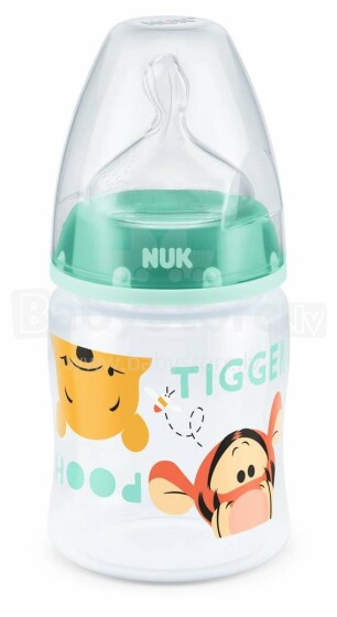 Nuk First Choice Disney Winnie Green Art.SD44 Plastmasas pudele ar platu kakliņu un 1.izmēra silikona knupīti pienam (0-6 mēn.) 150 ml