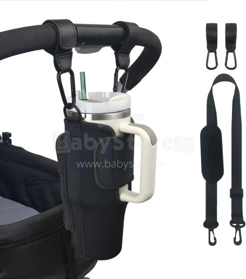 Bebe Basic Stroller Cup Holder Compatible with Stanley Art.113352 Black krūzīšu turētājs ratiņiem ar regulējamu siksnu un kabatiņu
