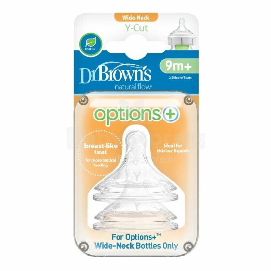 Dr.Browns Options + Art.WNY201-INTL Maitinimo butelių čiulptukai buteliams su plačiomis kaklo storio sultimis ir tyrėmis iš 9+ (2 vnt.)