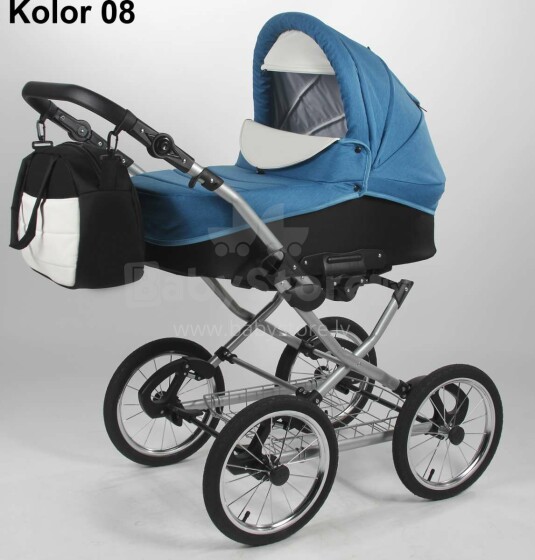 „Bambi Classic Retro Art.08 Classic“ vaikiškas vežimėlis su krepšiu, ypač lengvu aliuminio rėmeliu, su pripučiamais 14 '' ratais