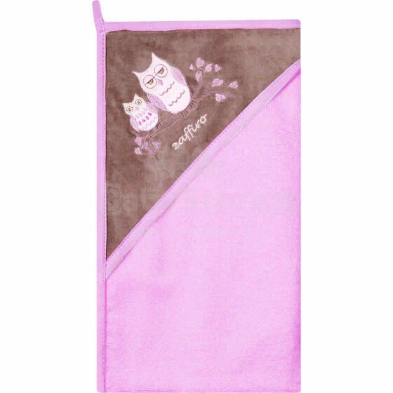 Rankšluostis „Womar Art.3-Z-OK-101“ rožinės spalvos pelėdų kilpinis rankšluostis su gobtuvu 80 x 80 cm