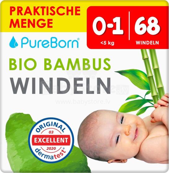 Pureborn Organic Bamboo Art.121308 Ekoloģiskās autiņbiksītes 1 izmērs no 0-5 kg, 68 gab.