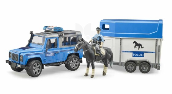 „BRUDER“ automobilis „Land Rover Defender“ Policijos transporto priemonė su žirgo priekaba, arklys su policijos pareigūnu, 02588