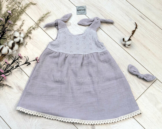 Baby Love Muslin Dresses Art.132818 Grey   Детское муслиновое  платье на завязочках
