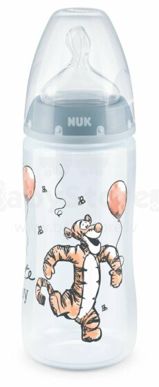 Nuk First Choice Disney Winnie  Art.SK46 Plastmasas pudele ar platu kakliņu un 1.izmēra silikona knupīti piena maisījumam (0-6 mēn.) 300 ml