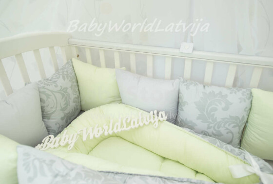Baby World pilkos spalvos medvilniniai apvadai lovelei 360 cm