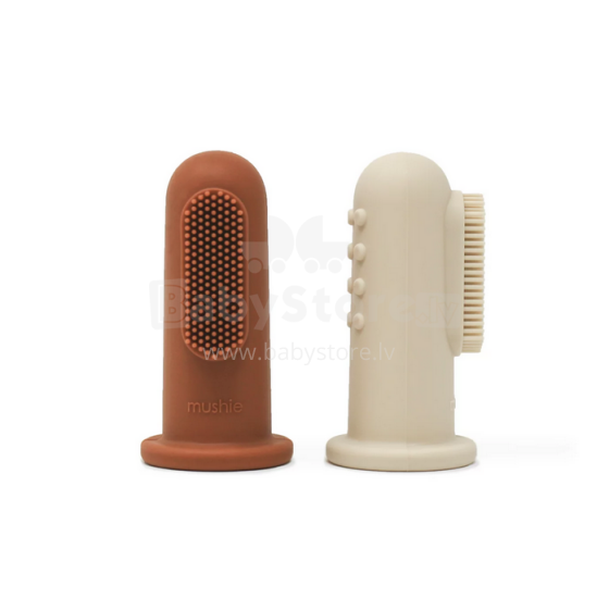 Mushie Toothbrush Art.147127 Clay / Shifting Sand   Силиконовая щетка-напальчник для первых зубов, 2 шт