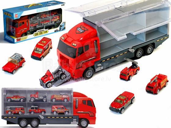 Ikonka Art.KX6681_1 Transporterio sunkvežimis TIR paleidimo įrenginys + metaliniai automobiliai ugniagesių komanda