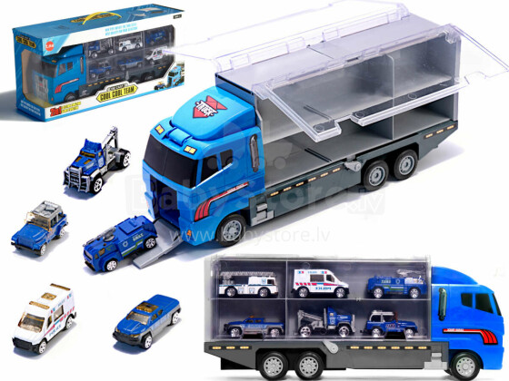Ikonka Art.KX6681_2 Transporter truck TIR launcher + metal cars police