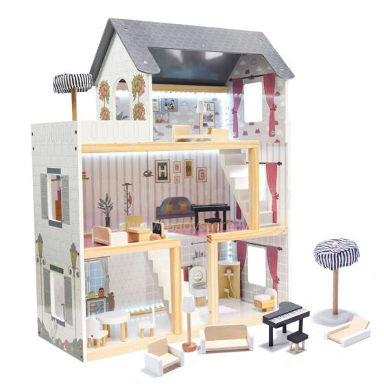 Ikonka Art.KX6201 MDF wooden dolls' house + furniture 78cm black LED
