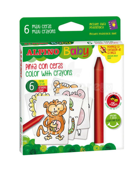 Ikonka Art.KX6056 ALPINO BABY Biezie vaska krītiņi 6 krāsas + džungļu kartes