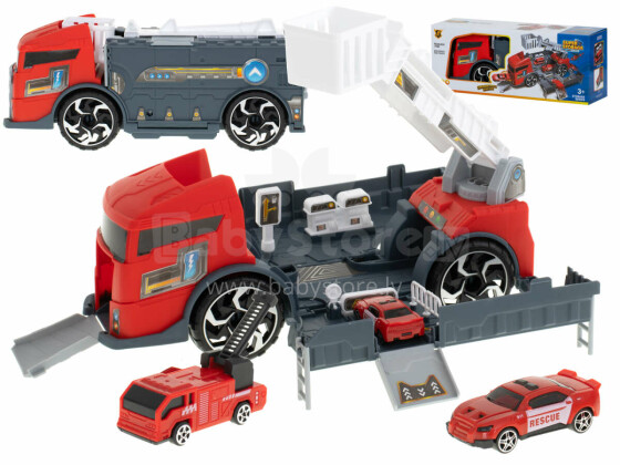 Ikonka Art.KX5994 Transportera kravas automašīna TIR 2in1 autostāvvieta garāža ugunsdzēsēju brigāde + 3 automašīnas sarkans