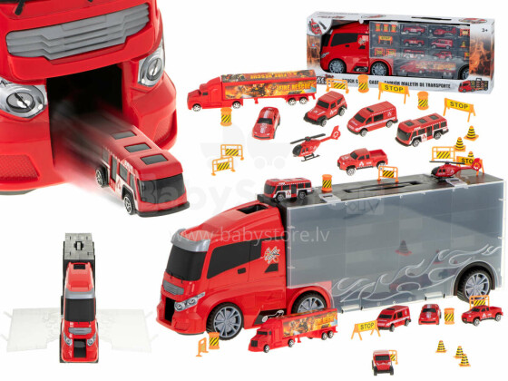 Ikonka Art.KX5993 Transporter veoauto TIR-raketi laskur kohvris + 7 autot tuletõrjeauto