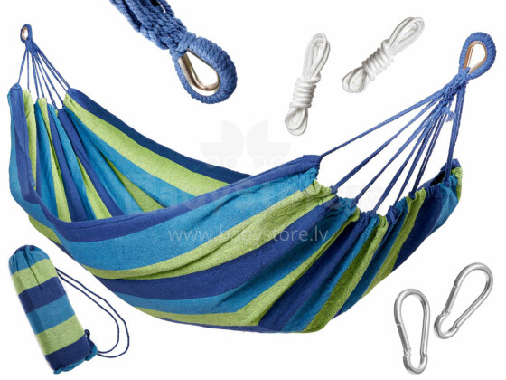 Ikonka Art.KX5976 Single person hammock 200x100 reinforced blue + fitting kit