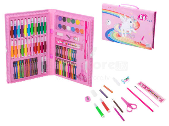 Ikonka Art.KX6355_1 Plastmasas gleznošanas komplekts futrālī 86el. rozā krāsā