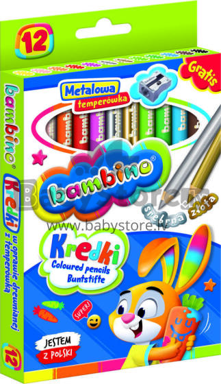 Ikonka Art.KX5487 BAMBINO Wooden-framed pencils 12 colours + sharpener