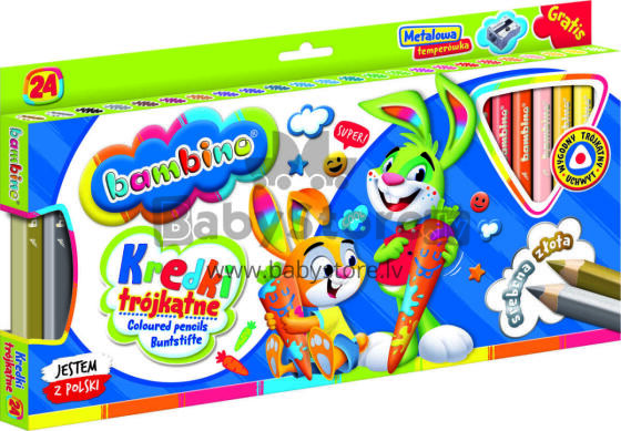 Ikonka Art.KX5484_1 BAMBINO Wooden-framed triangular pencils 24 colours + sharpener