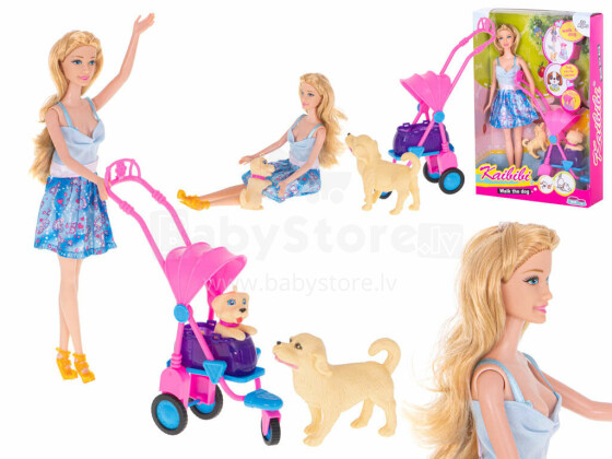 Ikonka Art.KX5451 Lėlės vaikščiojimas su šunimis vaikiškame vežimėlyje