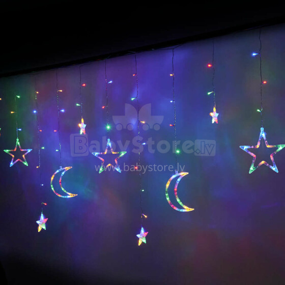 Ikonka Art.KX5247_2 LED mēness aizkaru gaismas zvaigznes 2,5 m 138LED daudzkrāsains