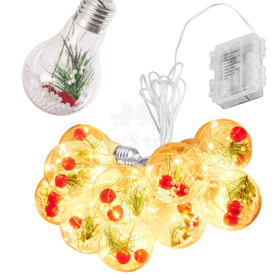 Ikonka Art.KX5243 LED apgaismojums bateriju ķēdes aizkaru bumbiņas ar dekorēšanu 3m 50LED silts