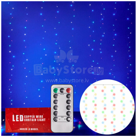 Ikonka Art.KX5242_2 LED curtain lights wire 3x3m 300LED multicolour