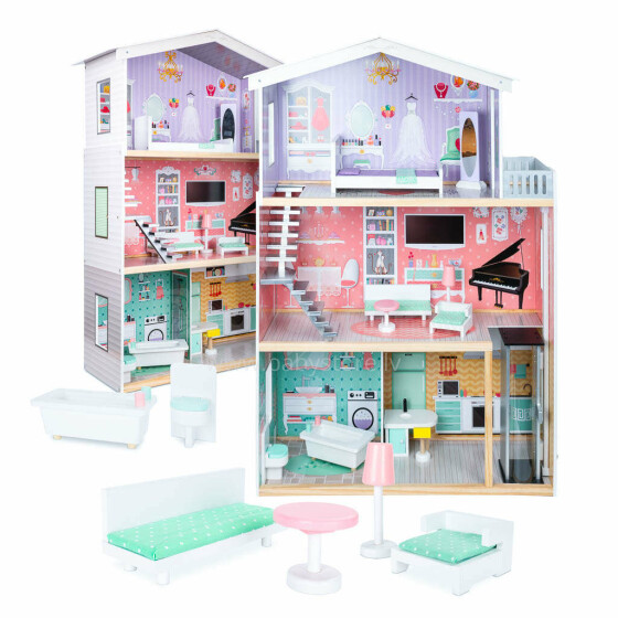 Ikonka Art.KX5219 Wooden dolls' house + furniture pastel 117cm