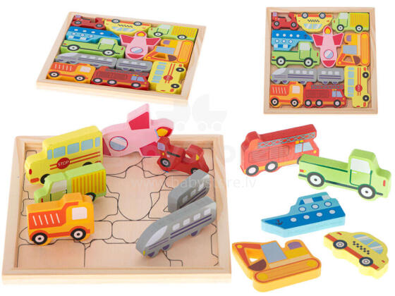 Ikonka Art.KX5313 Wooden jigsaw puzzle match shapes vehicles