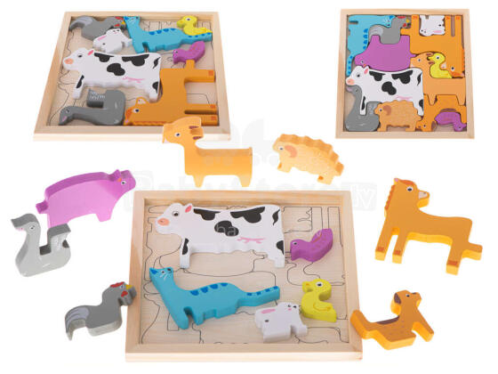 Ikonka Art.KX5313_1 Wooden jigsaw puzzle match shapes animals