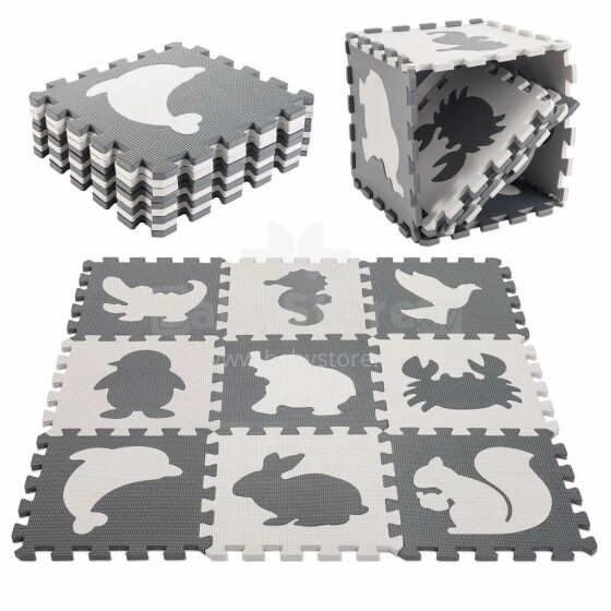 Ikonka Art.KX5207 Putu puzles paklājs bērniem 9 el. melns-ecru 85cm x 85cm x 1cm