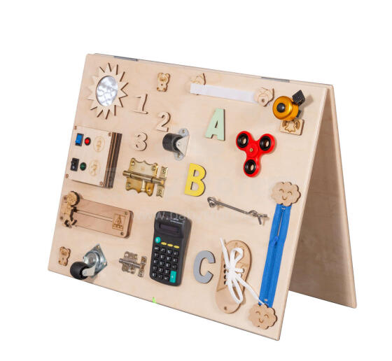 Bebe Basic Montessori Art.KX4628 Koka Rotaļlieta divpusējais sensoru aktivitāšu dēlis 50x37.5cm
