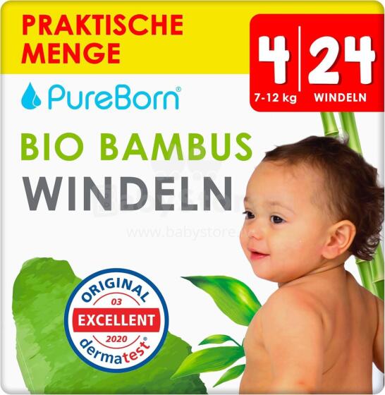 Pureborn  Organic Bamboo Art.121313 Ekoloģiskās pamperi 4 izmērs, 7-12 kg