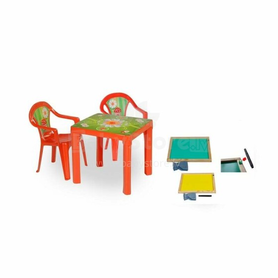 3toysm Art.ZMT set of 2 chairs, 1 table and 1 bilateral wooden board red Komplektis 2 tooli, 1 laud ja 1 kahepoolne puitlaud