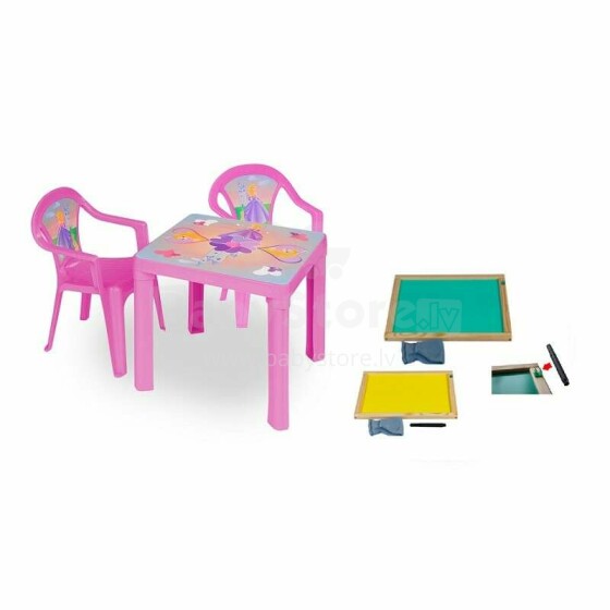 3toysm Art.ZMT set of 2 chairs, 1 table and 1 bilateral wooden board pink Komplektis 2 tooli, 1 laud ja 1 kahepoolne puitlaud