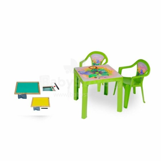 3toysm Art.ZMT set of 2 chairs, 1 table and 1 bilateral wooden board green Darza komplekts