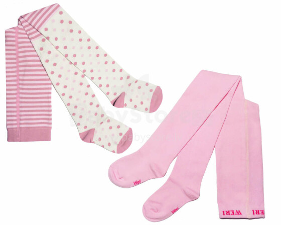 Weri Spezials Children's Tights Stripes and Dots Dusky Pink and Rose ART.WERI-4954 Set of two pairs of high quality cotton tights for girls