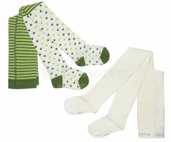 Weri Spezials Children's Tights Stripes and Dots Green and Cream ART.WERI-4968 Set of two pairs of high quality cotton tights for girls