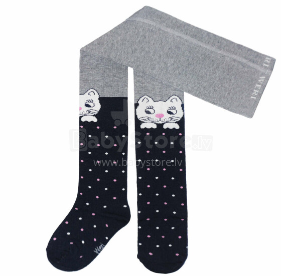 Weri Spezials Children's Tights White Cat on the Knee Black and Grey ART.SW-1232 High quality children's cotton tights for gilrs