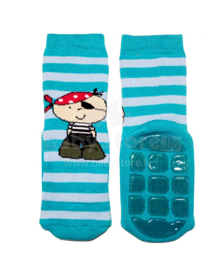Weri Spezials Children's Non-Slip Socks Happy Pirate Sea Green ART.SW-0382 High quality children's socks made of cotton with non-slip coating