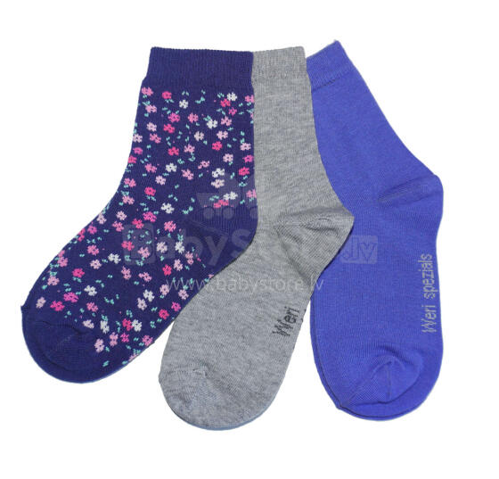 Weri Spezials Children's Socks Flowers Ink Blue ART.WERI-1167 Pack of three high quality children's cotton socks