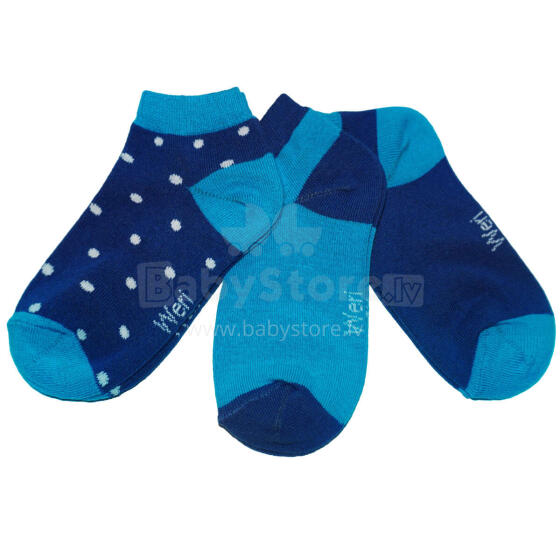 Weri Spezials Īsas Bērnu zeķes White Dots Ink Blue ART.SW-1186 Trīs pāri īsas augstas kvalitātes kokvilnas bērnu zeķes