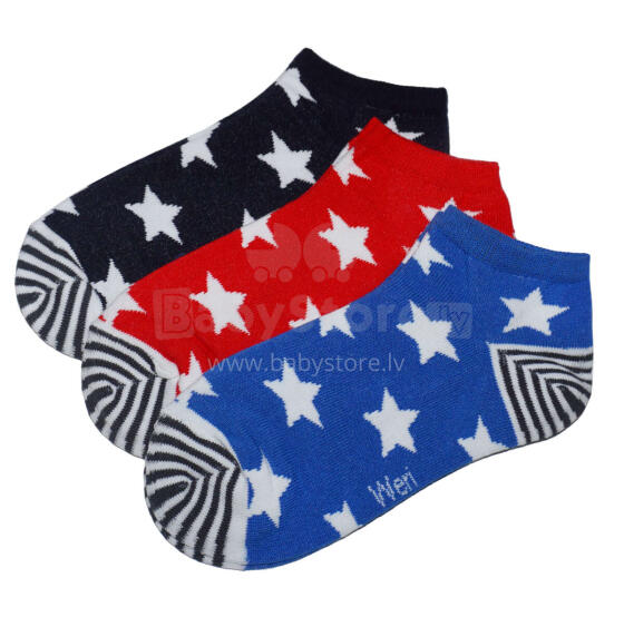 Weri Spezials Īsas Bērnu zeķes White Stars Royal Blue and Red ART.WERI-2705 Trīs pāri īsas augstas kvalitātes kokvilnas bērnu zeķes